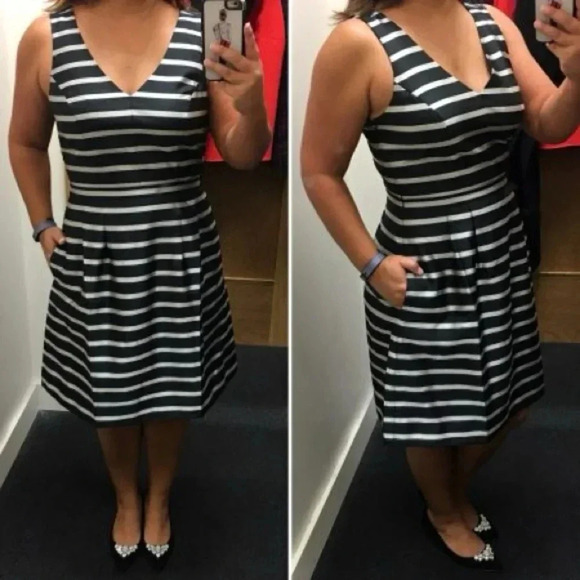 J. Crew Fit & Flare Black w/ Metallic Silver Stripes V-neck Mini Dress size 2 - Picture 3 of 13